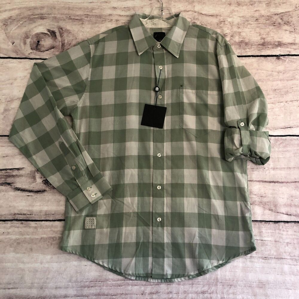 Vtg Kr3w Krew Button Up Shirt Large Mens Green Plaid Roll Tab Sleeve Y2K New
